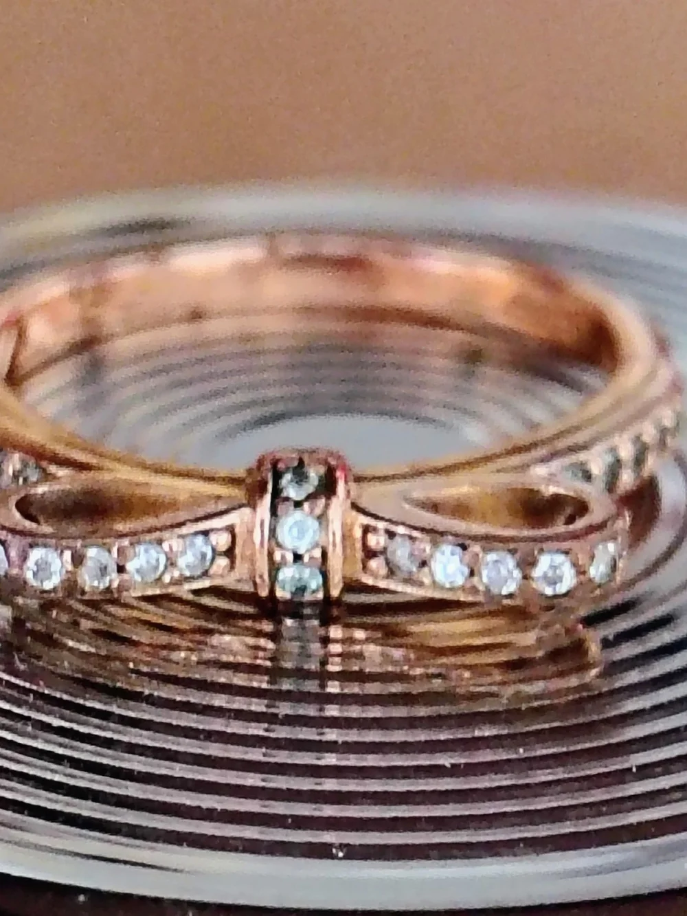 PANDORA Bow Ring Rose Gold Plate Over Sterling Clear CZ Ribbon Band ALE R 50